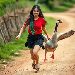 A beautiful Korean woman wearing a red t-shirt and a short black checkered skirt, with flip-flops, and long straight hair that reaches her ankles dyed green