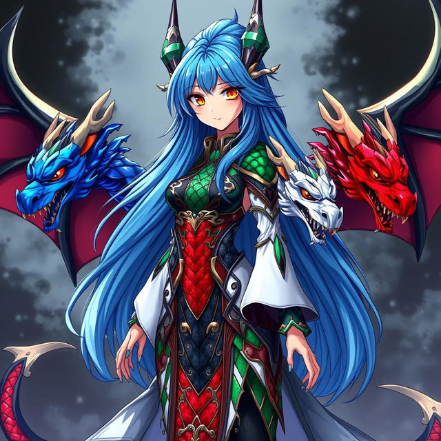 An anime girl version of Tiamat from Dungeons & Dragons, featuring vibrant, multicolored scales representing her five dragon heads: blue, green, red, white, and black