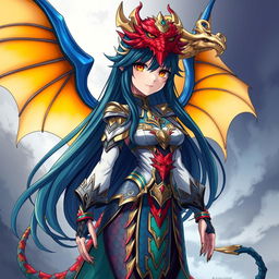 An anime girl version of Tiamat from Dungeons & Dragons, featuring vibrant, multicolored scales representing her five dragon heads: blue, green, red, white, and black