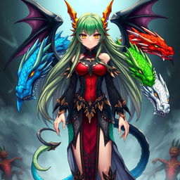 An anime girl version of Tiamat from Dungeons & Dragons, featuring vibrant, multicolored scales representing her five dragon heads: blue, green, red, white, and black