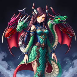 An anime girl version of Tiamat from Dungeons & Dragons, featuring vibrant, multicolored scales representing her five dragon heads: blue, green, red, white, and black