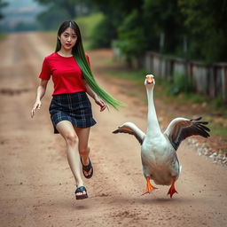 A beautiful Korean woman wearing a red t-shirt, a short black plaid skirt, and flip-flops