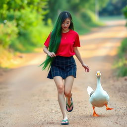 A beautiful Korean woman wearing a red t-shirt, a short black plaid skirt, and flip-flops