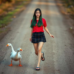 A beautiful Korean woman wearing a red t-shirt, a short black plaid skirt, and flip-flops