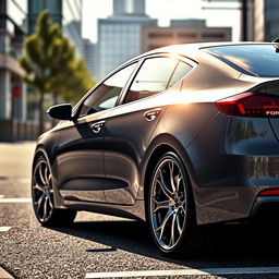 A 2018 Kia Forte in a sleek gray color, featuring stylish chrome and black banana-style rims
