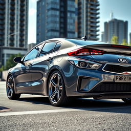 A 2018 Kia Forte in a sleek gray color, featuring stylish chrome and black banana-style rims