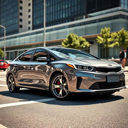 A 2018 Kia Forte in a sleek gray color, featuring stylish chrome and black banana-style rims