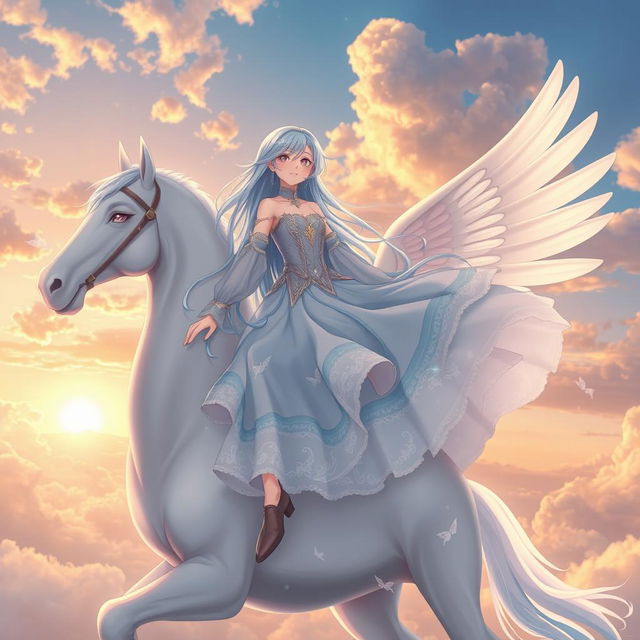 A stunning anime waifu with long, flowing hair in shades of pastel blue, elegantly riding a majestic white pegasus with shimmering wings