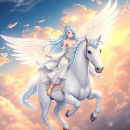 A stunning anime waifu with long, flowing hair in shades of pastel blue, elegantly riding a majestic white pegasus with shimmering wings