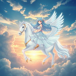 A stunning anime waifu with long, flowing hair in shades of pastel blue, elegantly riding a majestic white pegasus with shimmering wings