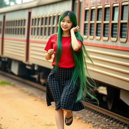 A beautiful Korean woman wearing a red t-shirt and a short black checkered skirt, flip-flops, with long straight hair reaching her ankles in a vibrant green color, being chased by a train from behind