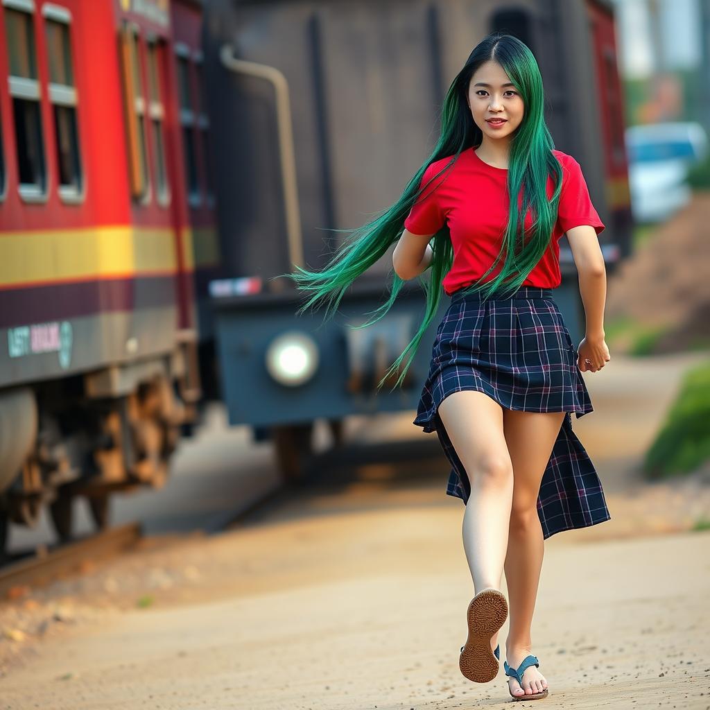 A beautiful Korean woman wearing a red t-shirt and a short black checkered skirt, flip-flops, with long straight hair reaching her ankles in a vibrant green color, being chased by a train from behind