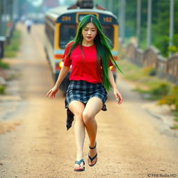 A beautiful Korean woman wearing a red t-shirt and a short black checkered skirt, flip-flops, with long straight hair reaching her ankles in a vibrant green color, being chased by a train from behind