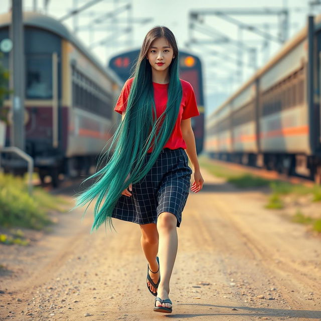 A beautiful Korean woman wearing a red t-shirt and a short black checkered skirt, flip-flops, with long straight hair reaching her ankles in a vibrant green color, being chased by a train from behind