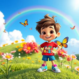 A vibrant 3D cartoon animation style scene featuring an adventurous boy