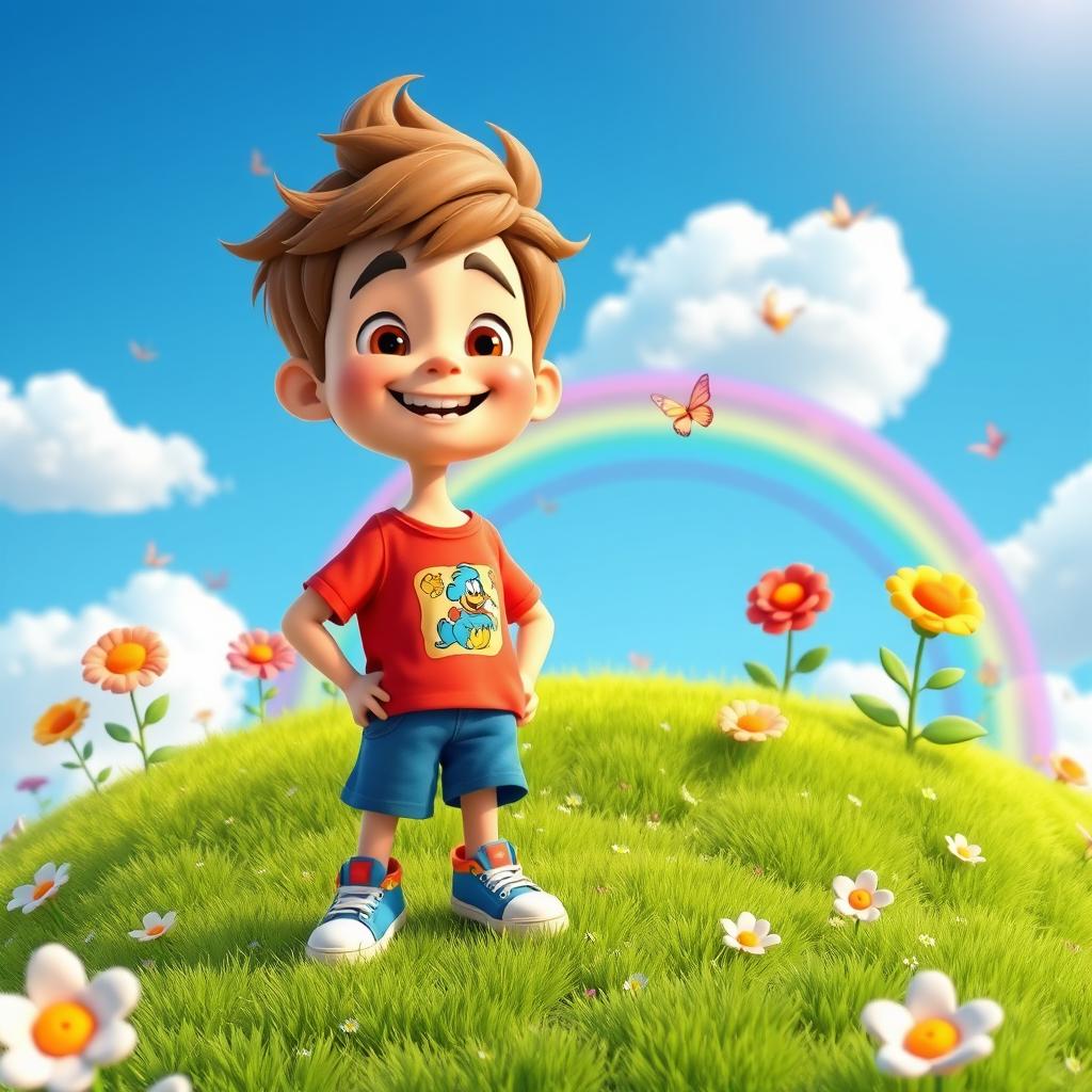 A vibrant 3D cartoon animation style scene featuring an adventurous boy