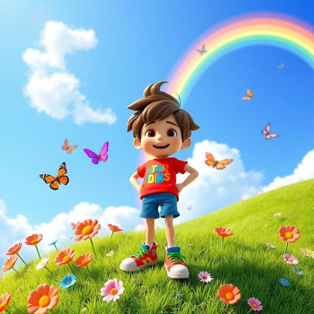 A vibrant 3D cartoon animation style scene featuring an adventurous boy