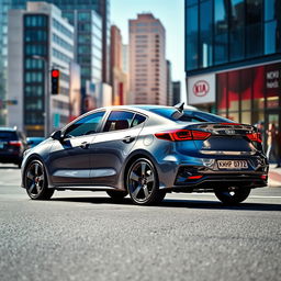 A 2018 Kia Forte in a sleek gray color, showcasing stylish black banana-style rims