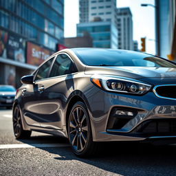 A 2018 Kia Forte in a sleek gray color, showcasing stylish black banana-style rims