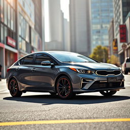 A 2018 Kia Forte in a sleek gray color, showcasing stylish black banana-style rims