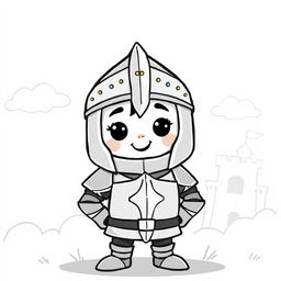 A whimsical illustration of a cute medieval knight wearing a distinctive Norman helmet, designed to appear playful and child-friendly