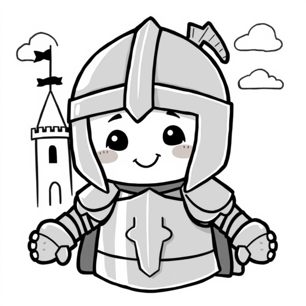 A whimsical illustration of a cute medieval knight wearing a distinctive Norman helmet, designed to appear playful and child-friendly