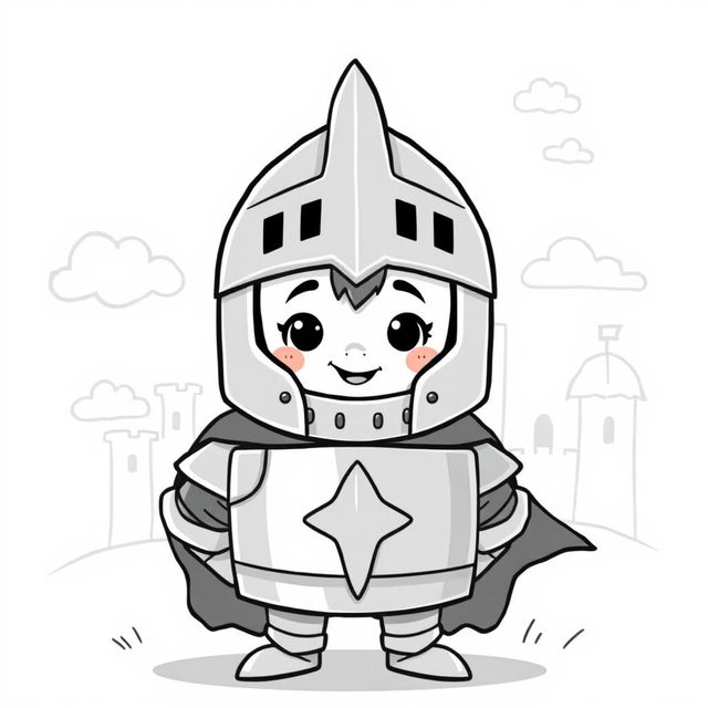 A whimsical illustration of a cute medieval knight wearing a distinctive Norman helmet, designed to appear playful and child-friendly
