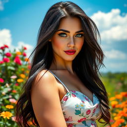 A beautiful Russian bbw (big beautiful woman) with striking features, flowing long dark hair, and captivating green eyes