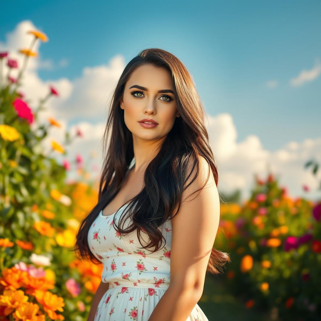 A beautiful Russian bbw (big beautiful woman) with striking features, flowing long dark hair, and captivating green eyes