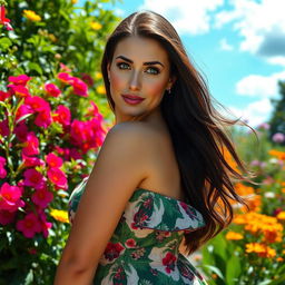 A beautiful Russian bbw (big beautiful woman) with striking features, flowing long dark hair, and captivating green eyes