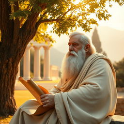 A serene and thoughtful portrait of Socrates, depicted as an elderly man with a beard and long flowing robes, sitting under a tree in a classical Greek setting