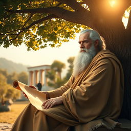 A serene and thoughtful portrait of Socrates, depicted as an elderly man with a beard and long flowing robes, sitting under a tree in a classical Greek setting