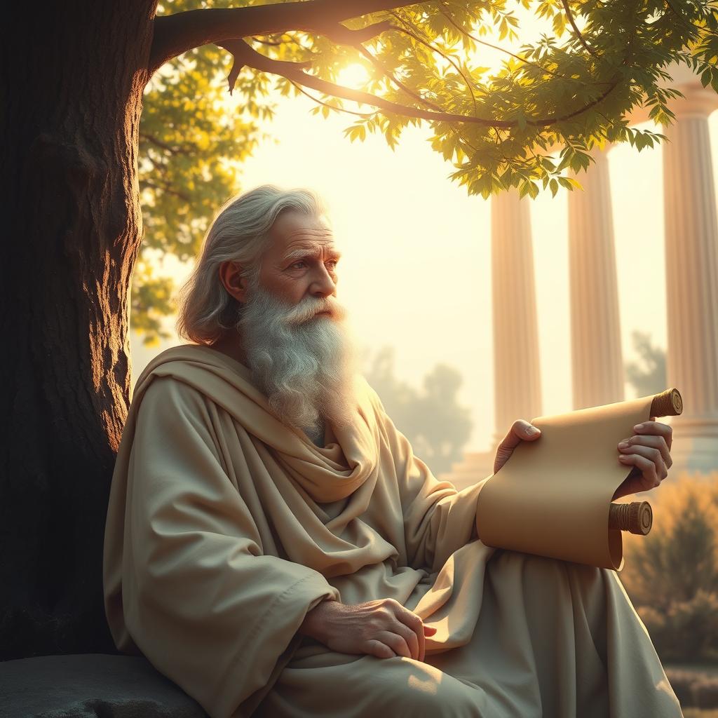 A serene and thoughtful portrait of Socrates, depicted as an elderly man with a beard and long flowing robes, sitting under a tree in a classical Greek setting