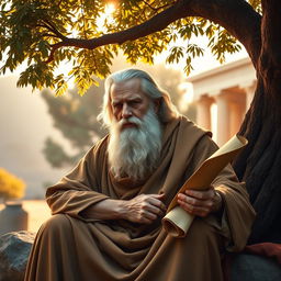 A serene and thoughtful portrait of Socrates, depicted as an elderly man with a beard and long flowing robes, sitting under a tree in a classical Greek setting