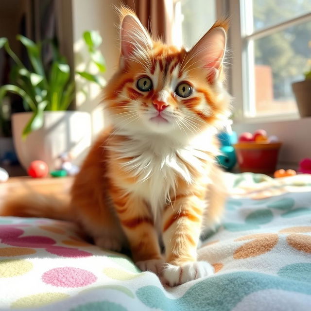 A cute and fluffy domestic cat with a shiny coat, sitting playfully on a soft, colorful blanket