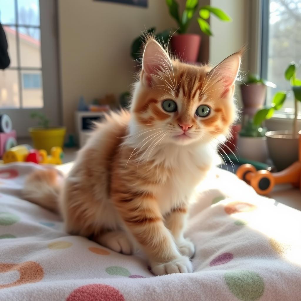 A cute and fluffy domestic cat with a shiny coat, sitting playfully on a soft, colorful blanket