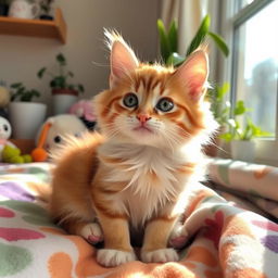 A cute and fluffy domestic cat with a shiny coat, sitting playfully on a soft, colorful blanket