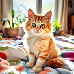 A cute and fluffy domestic cat with a shiny coat, sitting playfully on a soft, colorful blanket