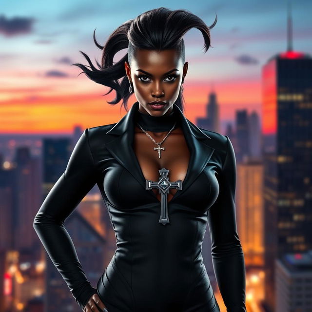 A powerful black female superhero stands confidently, adorned in a sleek black suit that elegantly hugs her athletic figure