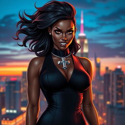 A powerful black female superhero stands confidently, adorned in a sleek black suit that elegantly hugs her athletic figure