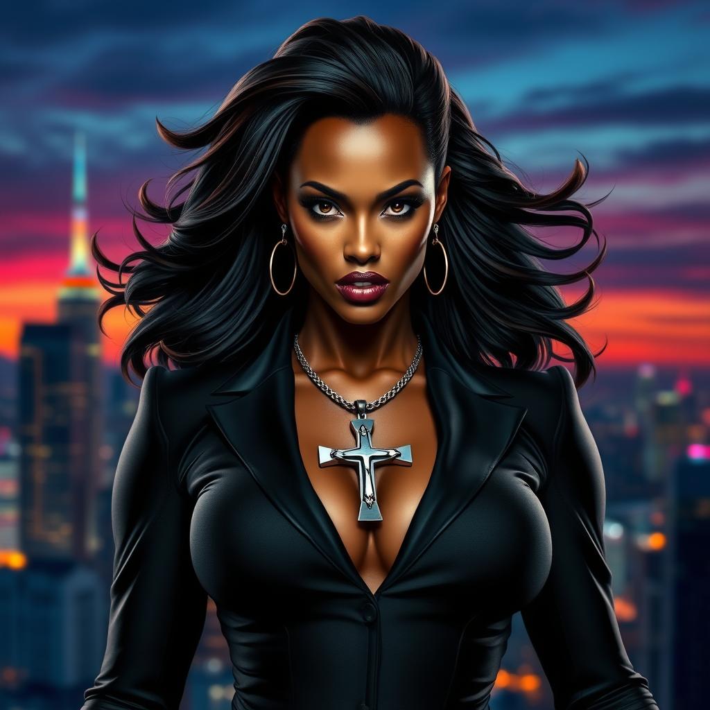 A powerful black female superhero stands confidently, adorned in a sleek black suit that elegantly hugs her athletic figure