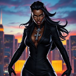 A powerful black female superhero stands confidently, adorned in a sleek black suit that elegantly hugs her athletic figure