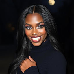A striking black woman with elongated vampire teeth, exuding confidence, wearing a stylish black sweater