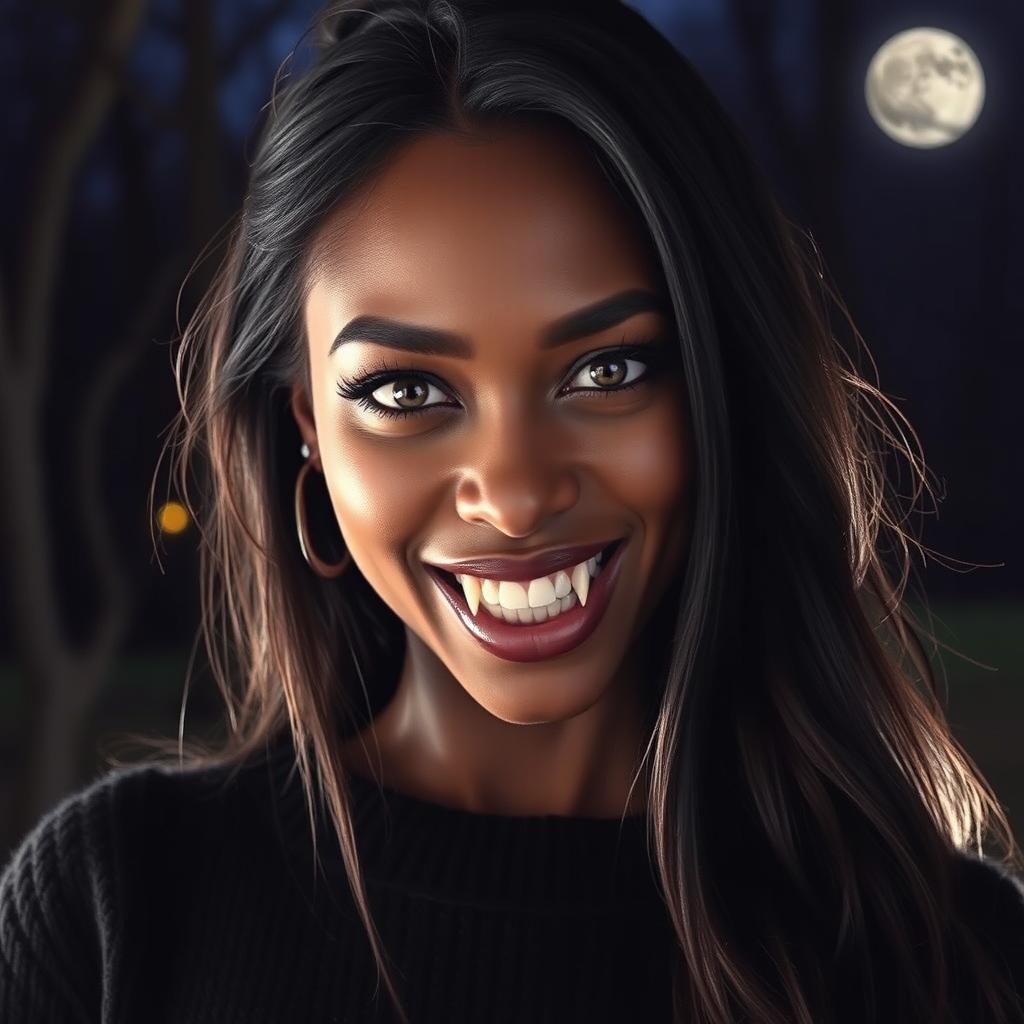 A striking black woman with elongated vampire teeth, exuding confidence, wearing a stylish black sweater