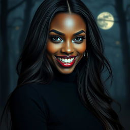 A striking black woman with elongated vampire teeth, exuding confidence, wearing a stylish black sweater