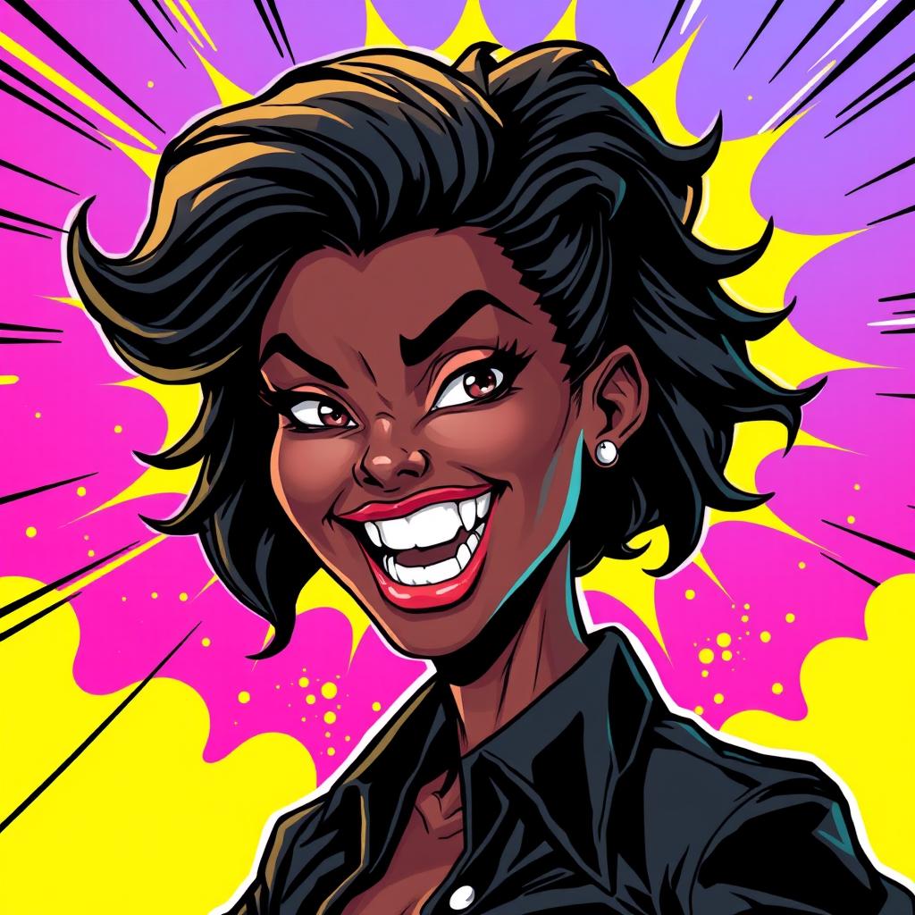 A dynamic comic book illustration featuring a confident black woman with striking features