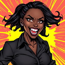 A dynamic comic book illustration featuring a confident black woman with striking features