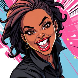 A dynamic comic book illustration featuring a confident black woman with striking features