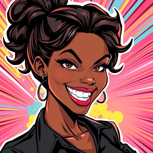 A dynamic comic book illustration featuring a confident black woman with striking features