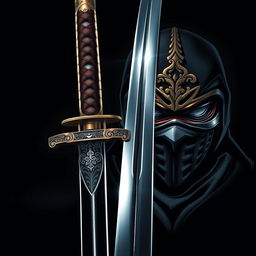 A visually striking illustration featuring a traditional samurai sword prominently displayed in the foreground